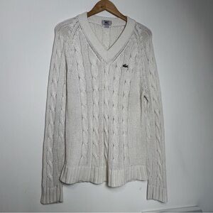 VINTAGE 80s Izod Lacoste Cable Knit Tennis Sweater - Cream - Made in HK